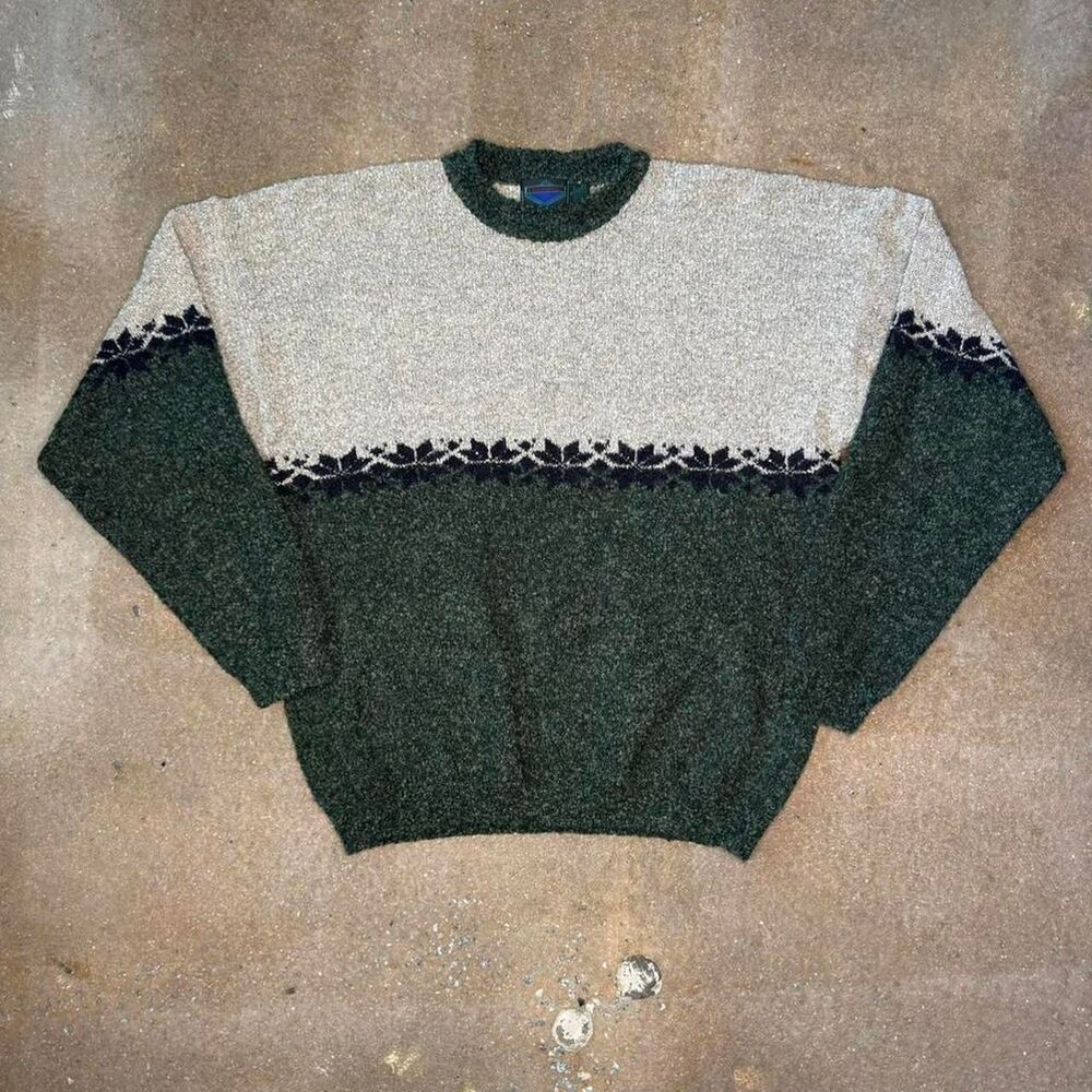 vintage etchings wool blend‎ textured nordic sweater green cream Mens XL